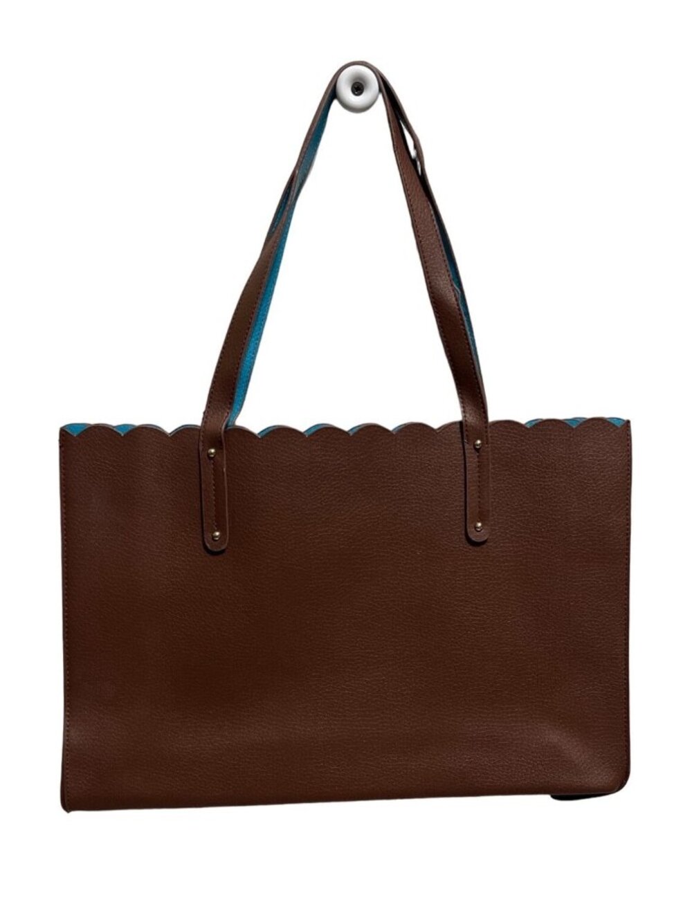MSC brown teal vegan leather scalloped tote satchel handbag monogram classic